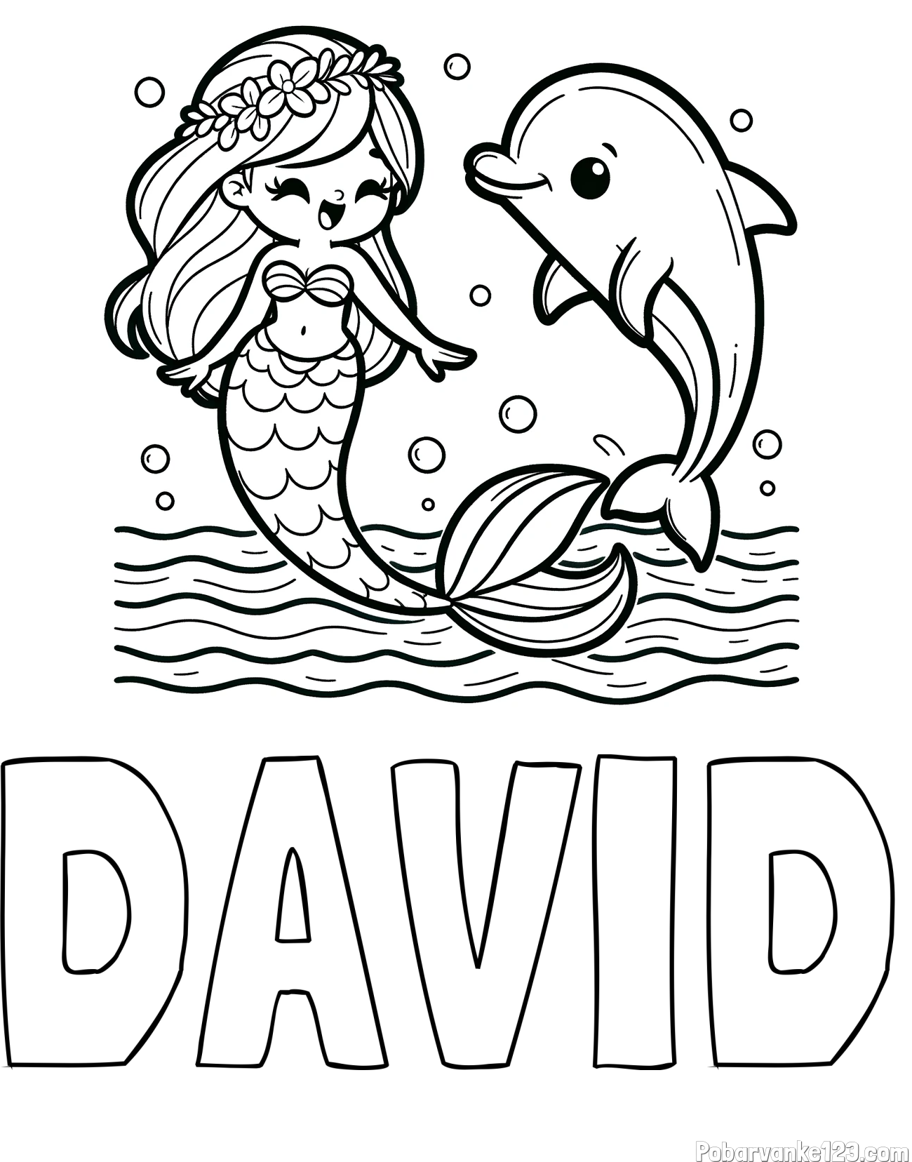 Pobarvanka imena DAVID in pobarvanka ljubke morske deklice, ki pleše z delfinom