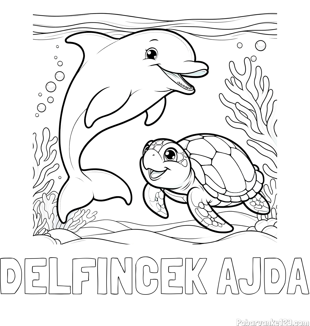 Pobarvanka imena DELFINČEK AJDA in pobarvanka ljubkega delfina z želvo v morju