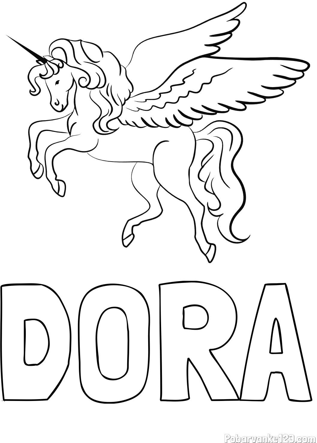 Pobarvanka imena DORA in lepa pobarvanka samoroga