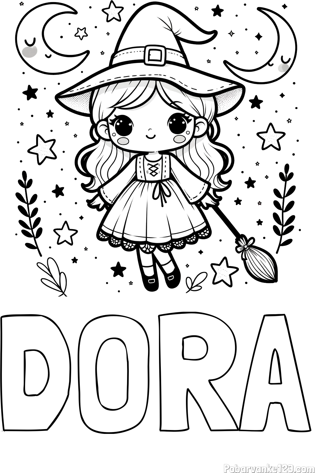 Pobarvanka imena DORA in pobarvanka prikupne čarovnice