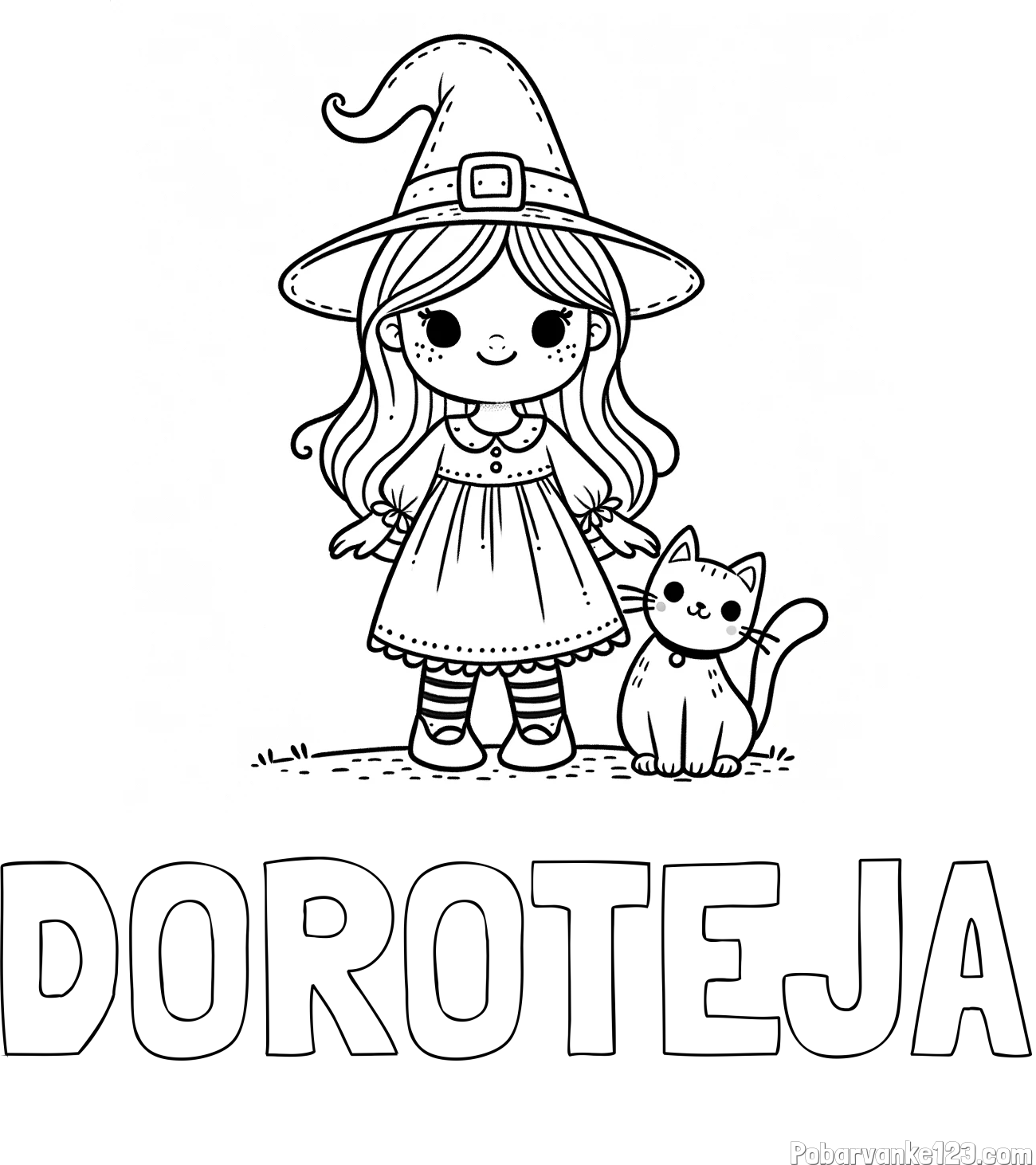 Pobarvanka imena DOROTEJA in Čudovita pobarvanka ljubke čarovnice in nasmejane mačke