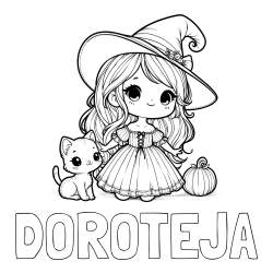 Online izdelana pobarvanka - Pobarvanka imena DOROTEJA in pobarvanka ljubke čarovnice, muce in buče