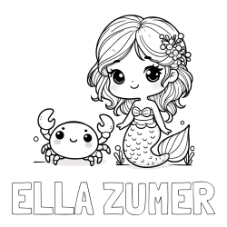 Online izdelana pobarvanka - Pobarvanka imena ELLA ŽUMER in pobarvanka ljubke morske deklice in veselega raka