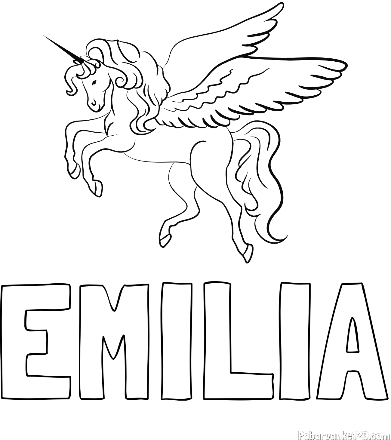 Pobarvanka imena EMILIA in lepa pobarvanka samoroga