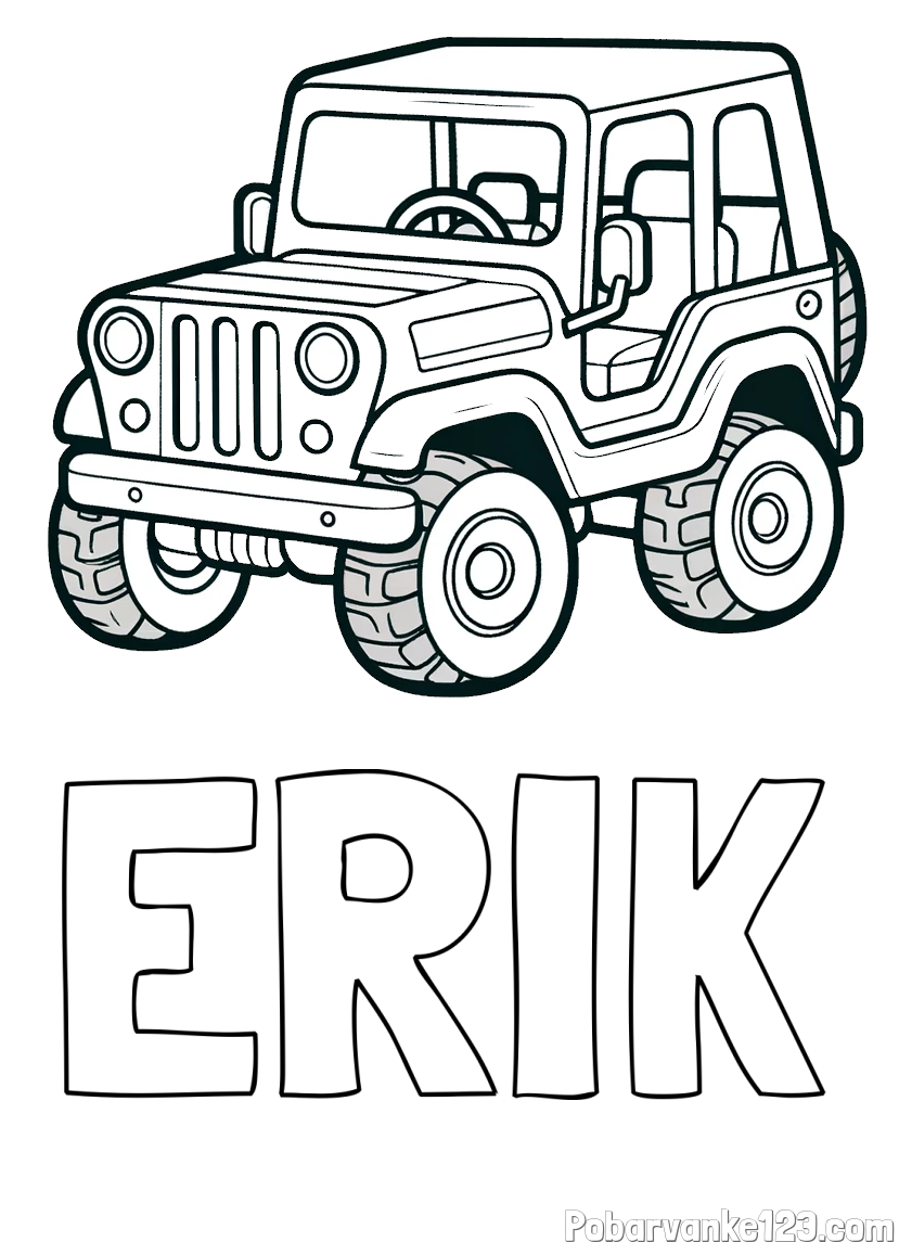 Pobarvanka imena ERIK in preprosta pobarvanka jeep-a