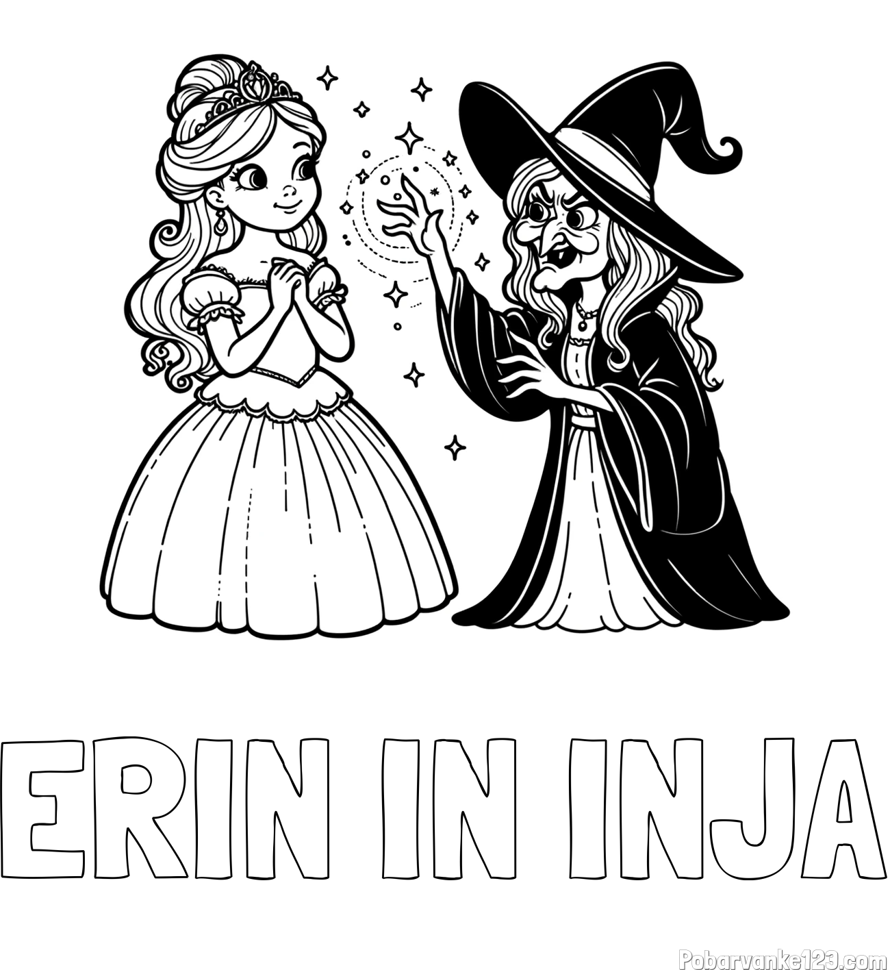 Pobarvanka imena ERIN IN INJA in pobarvanka zlobne čarovnice, ki poskuša začarati princesko