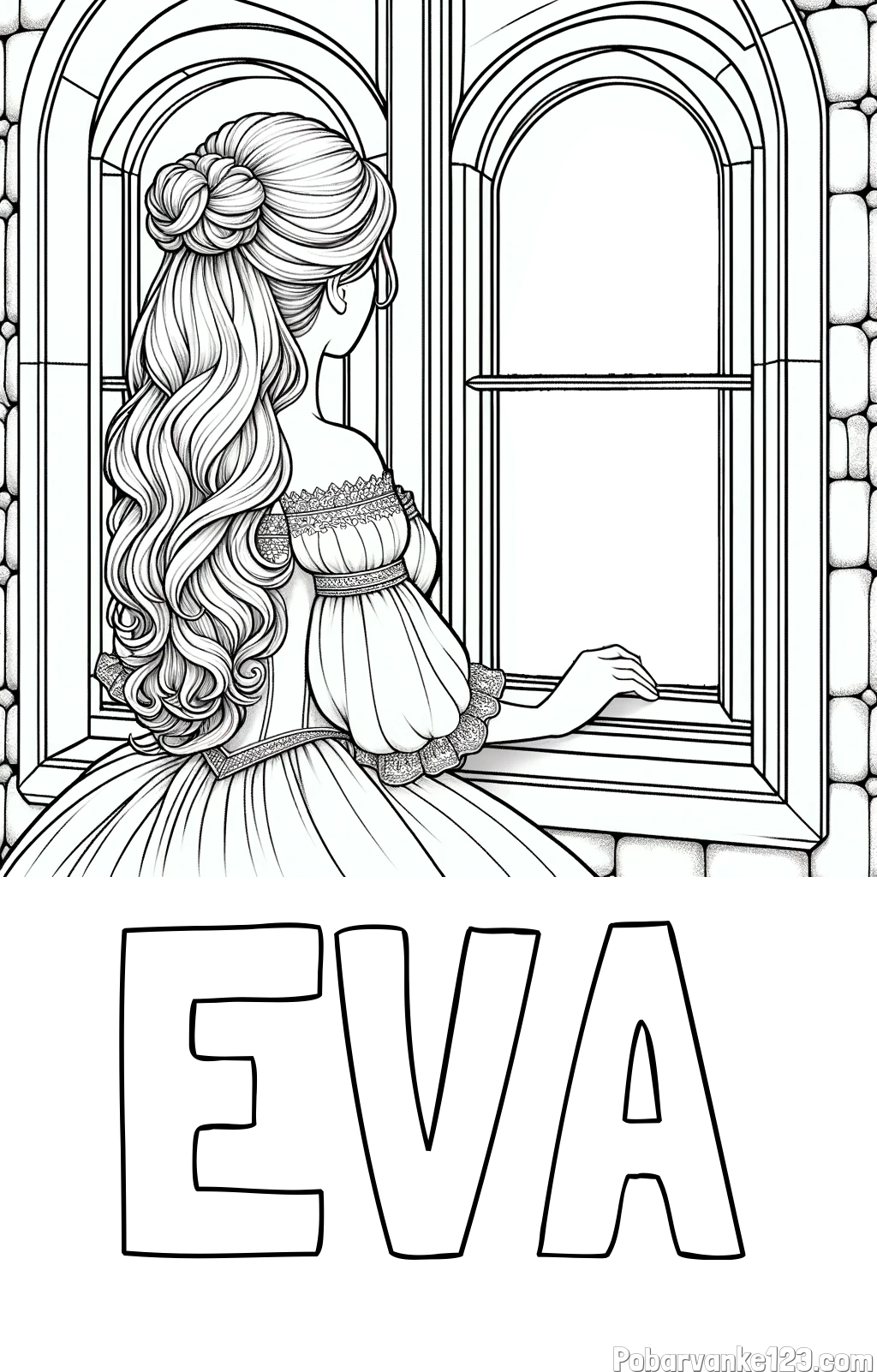 Pobarvanka imena EVA in pobarvanka princese, ki gleda skozi okno