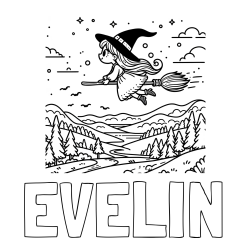 Online izdelana pobarvanka - Pobarvanka imena EVELIN in pobarvanka čarovnice, ki leti na metli