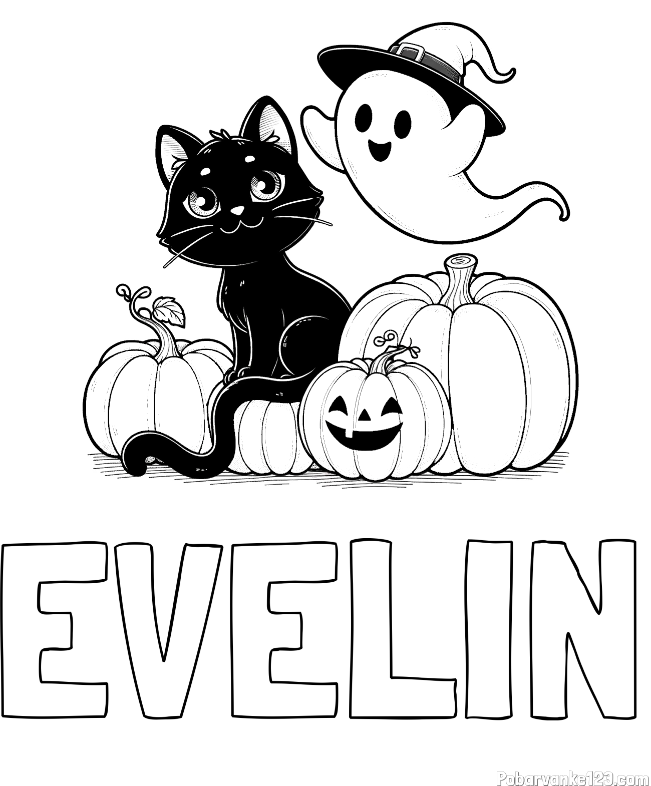 Pobarvanka imena EVELIN in pobarvanka prijaznega duhca, črne mačke ter buč za noč čarovnic
