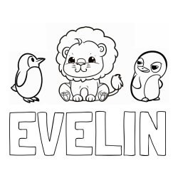 Online izdelana pobarvanka - Pobarvanka imena EVELIN in pobarvanka prikupnega levčka in dveh hudomušnih pingvinčkov