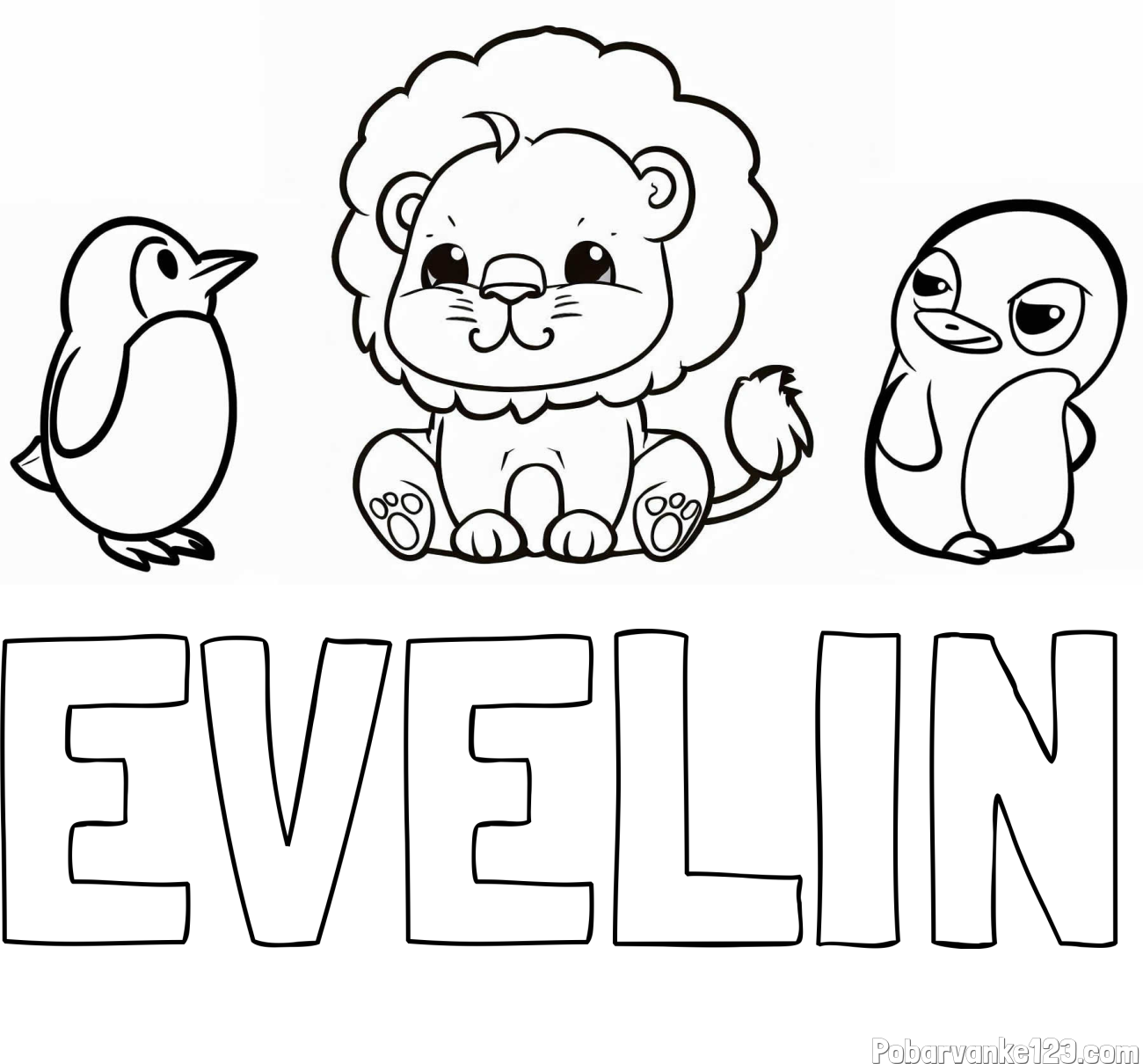 Pobarvanka imena EVELIN in pobarvanka prikupnega levčka in dveh hudomušnih pingvinčkov