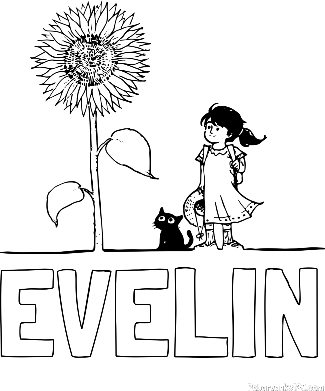Pobarvanka imena EVELIN in pobarvanka velike sončnice, deklice in ljubkega mačka