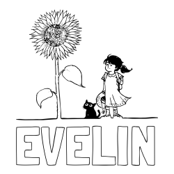 Online izdelana pobarvanka - Pobarvanka imena EVELIN in pobarvanka velike sončnice, deklice in ljubkega mačka