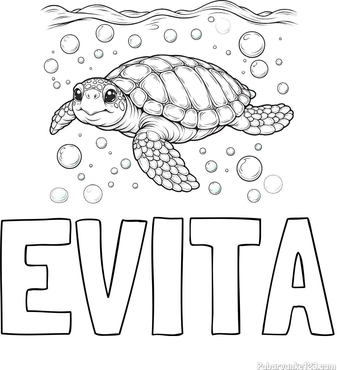 Pobarvanka imena EVITA in pobarvanka želve v morju