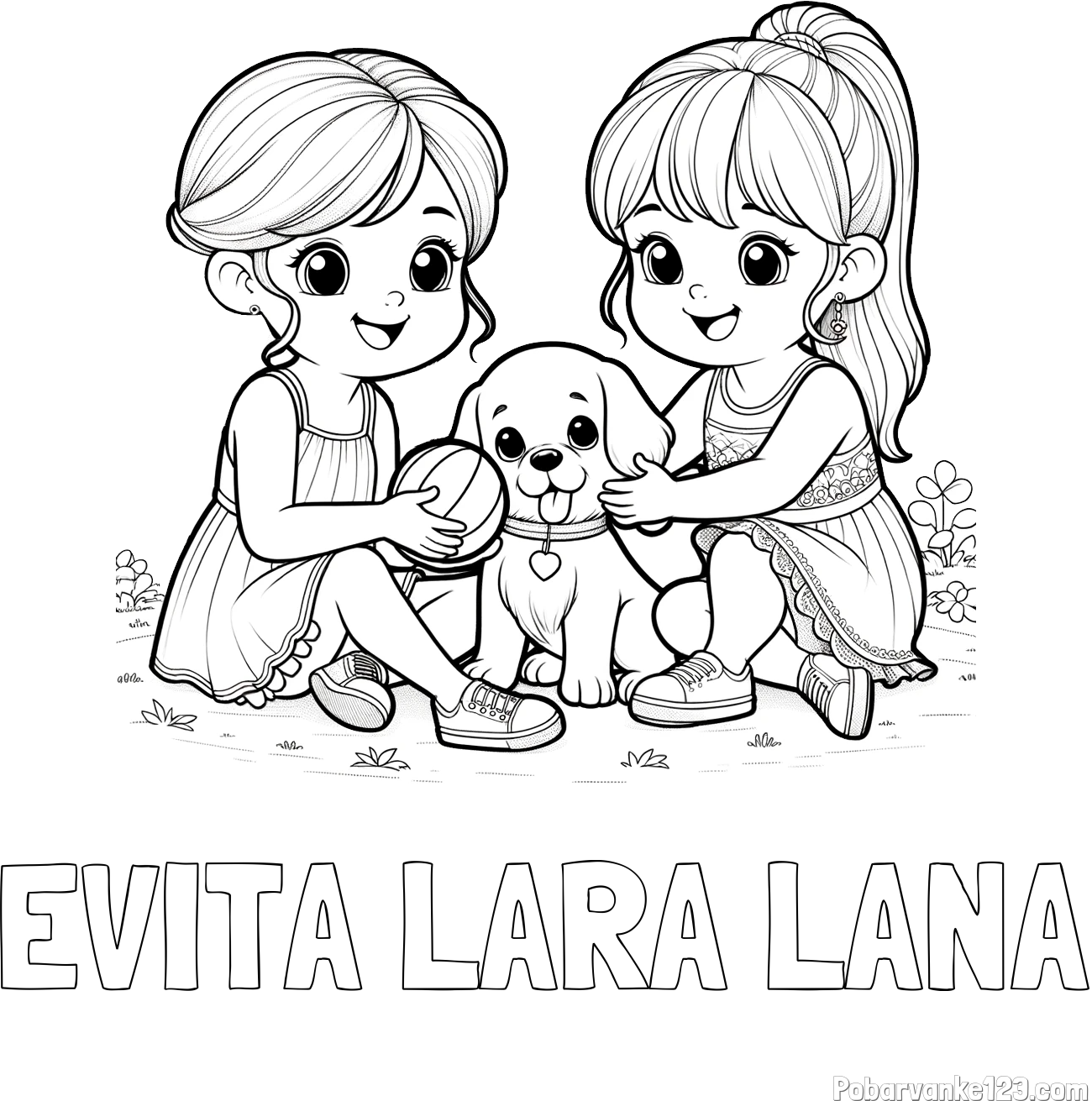 Pobarvanka imena EVITA LARA LANA in pobarvanka prijateljic s kužkom