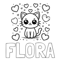 Online izdelana pobarvanka - Pobarvanka imena FLORA in pobarvanka ljubke mucke obdane z veliko srčki