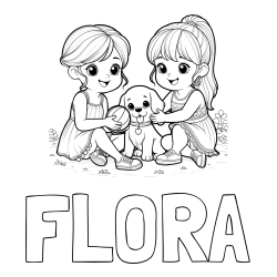 Online izdelana pobarvanka - Pobarvanka imena FLORA in pobarvanka prijateljic s kužkom