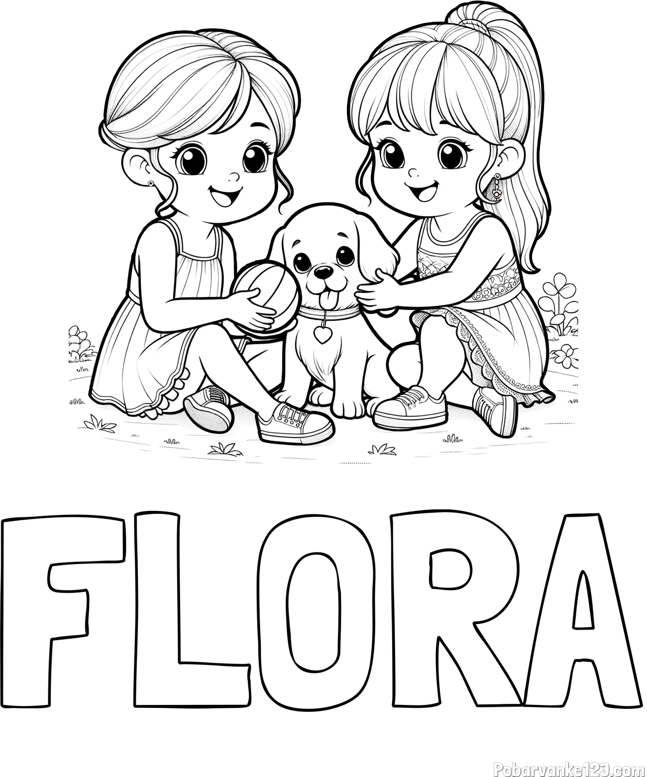 Pobarvanka imena FLORA in pobarvanka prijateljic s kužkom