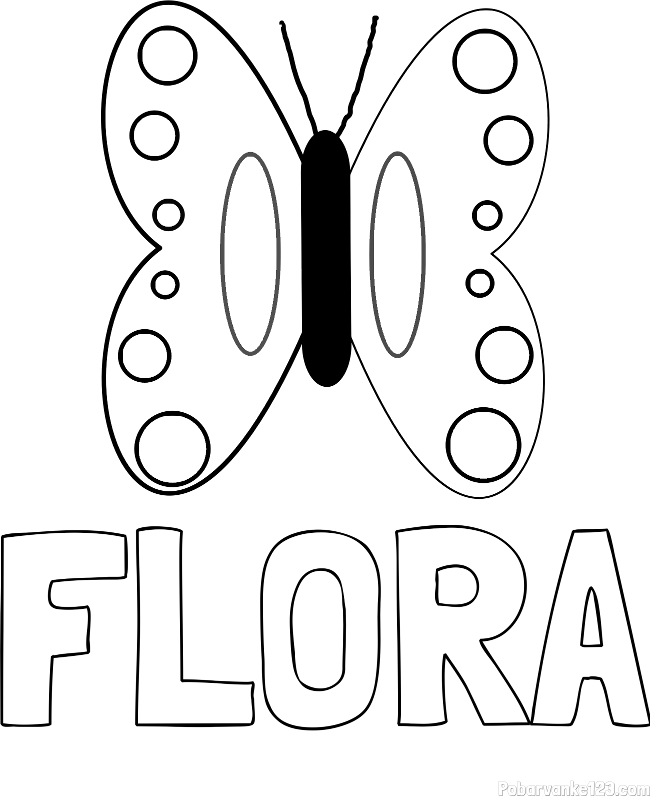 Pobarvanka imena FLORA in preprosta otroška pobarvanka metuljčka