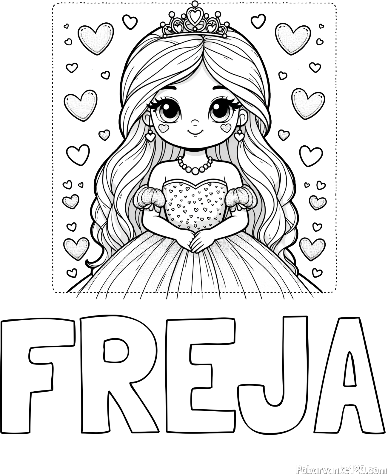 Pobarvanka imena FREJA in pobarvanka ljubke princese obdane s srčki