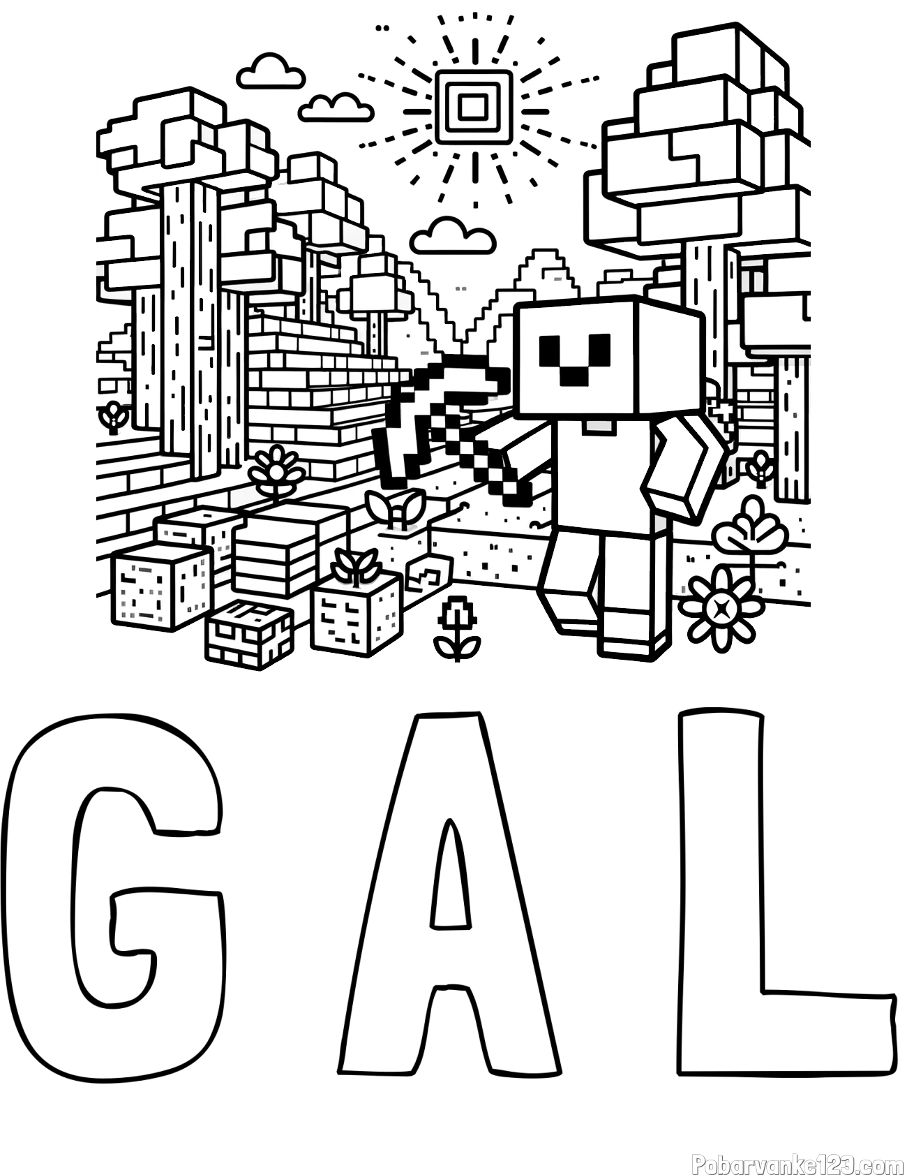 Pobarvanka imena G A L in pobarvanka Minecraft sveta
