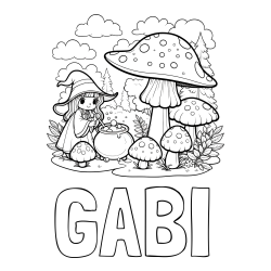 Online izdelana pobarvanka - Pobarvanka imena GABI in pobarvanka čarovnice med gobami
