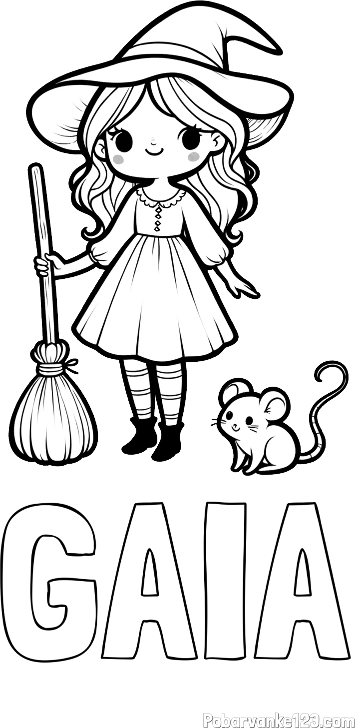 Pobarvanka imena GAIA in pobarvanka čarovnice z metlo in miško