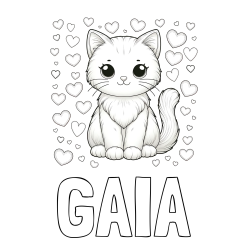 Online izdelana pobarvanka - Pobarvanka imena GAIA in pobarvanka ljubke mucke obdane s srčki