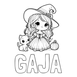 Online izdelana pobarvanka - Pobarvanka imena GAJA in pobarvanka ljubke čarovnice, muce in buče