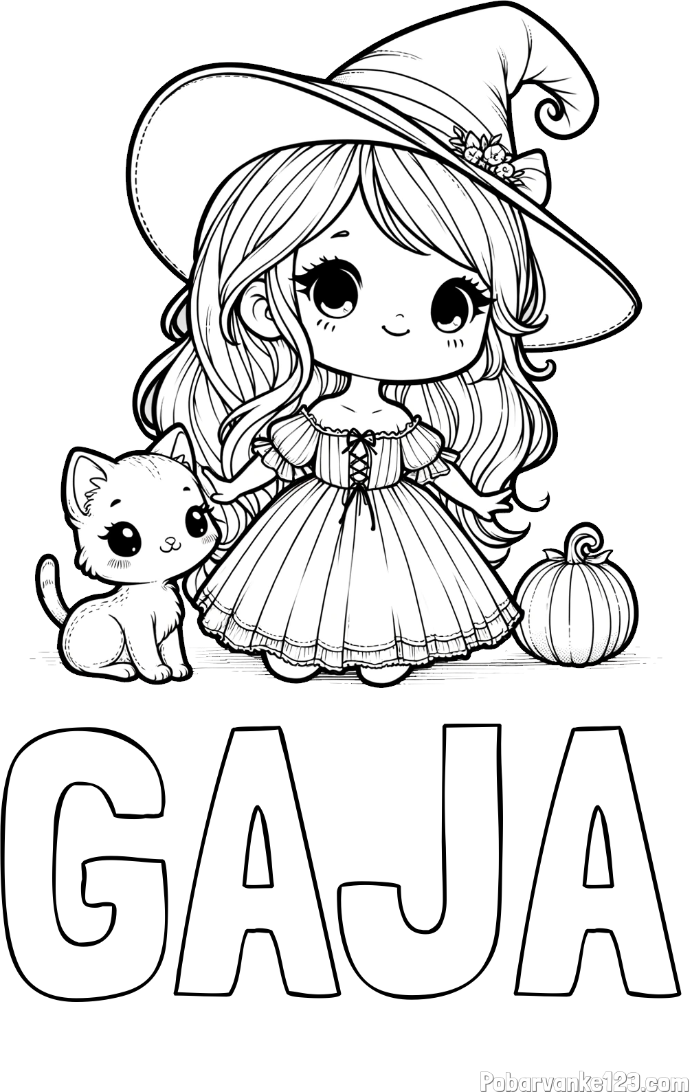Pobarvanka imena GAJA in pobarvanka ljubke čarovnice, muce in buče
