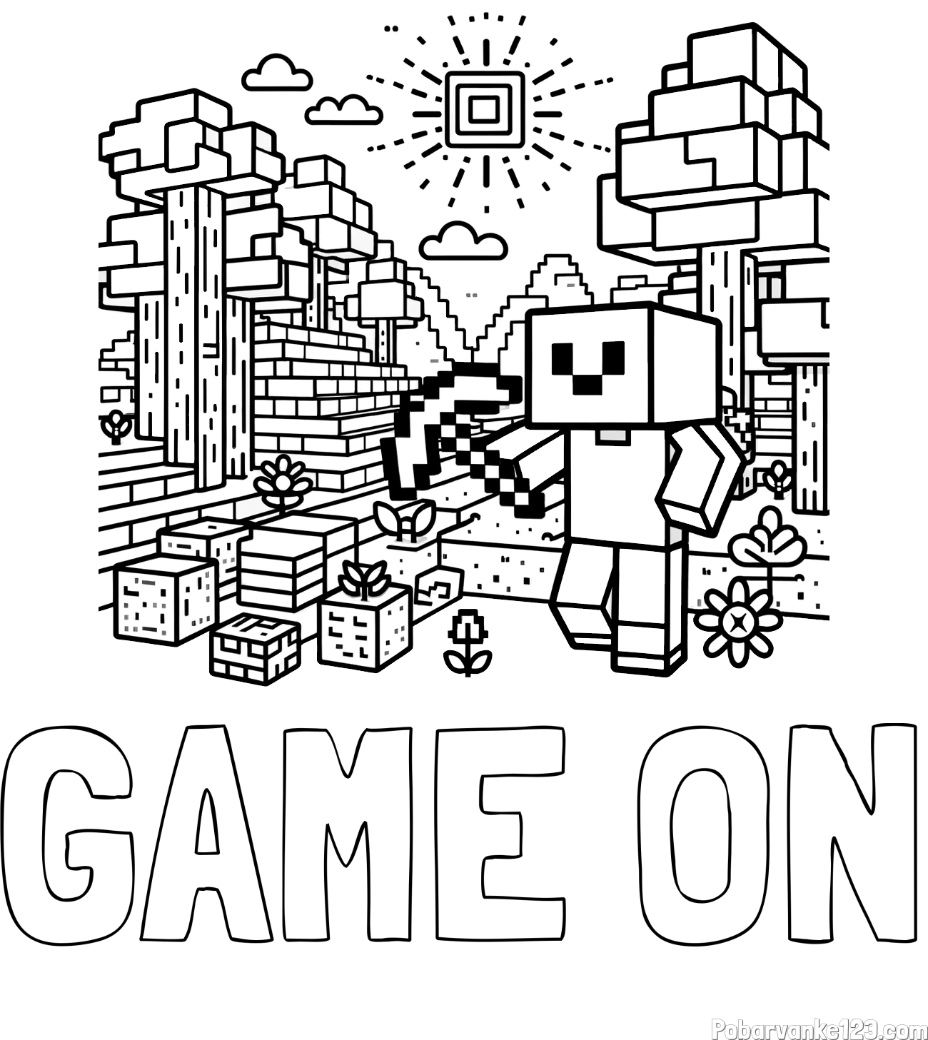 Pobarvanka imena GAME ON in pobarvanka Minecraft sveta
