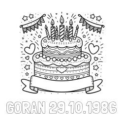 Online izdelana pobarvanka - Pobarvanka imena GORAN 29.10.1986 in pobarvanka velike torte za rojstni dan