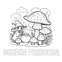Online izdelana pobarvanka - Pobarvanka imena GOZDNA PRINCESA in pobarvanka čarovnice med gobami