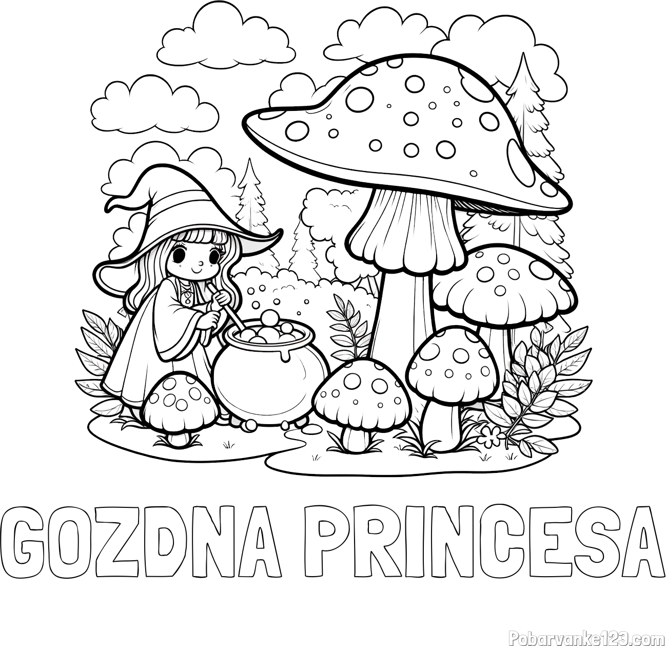Pobarvanka imena GOZDNA PRINCESA in pobarvanka čarovnice med gobami