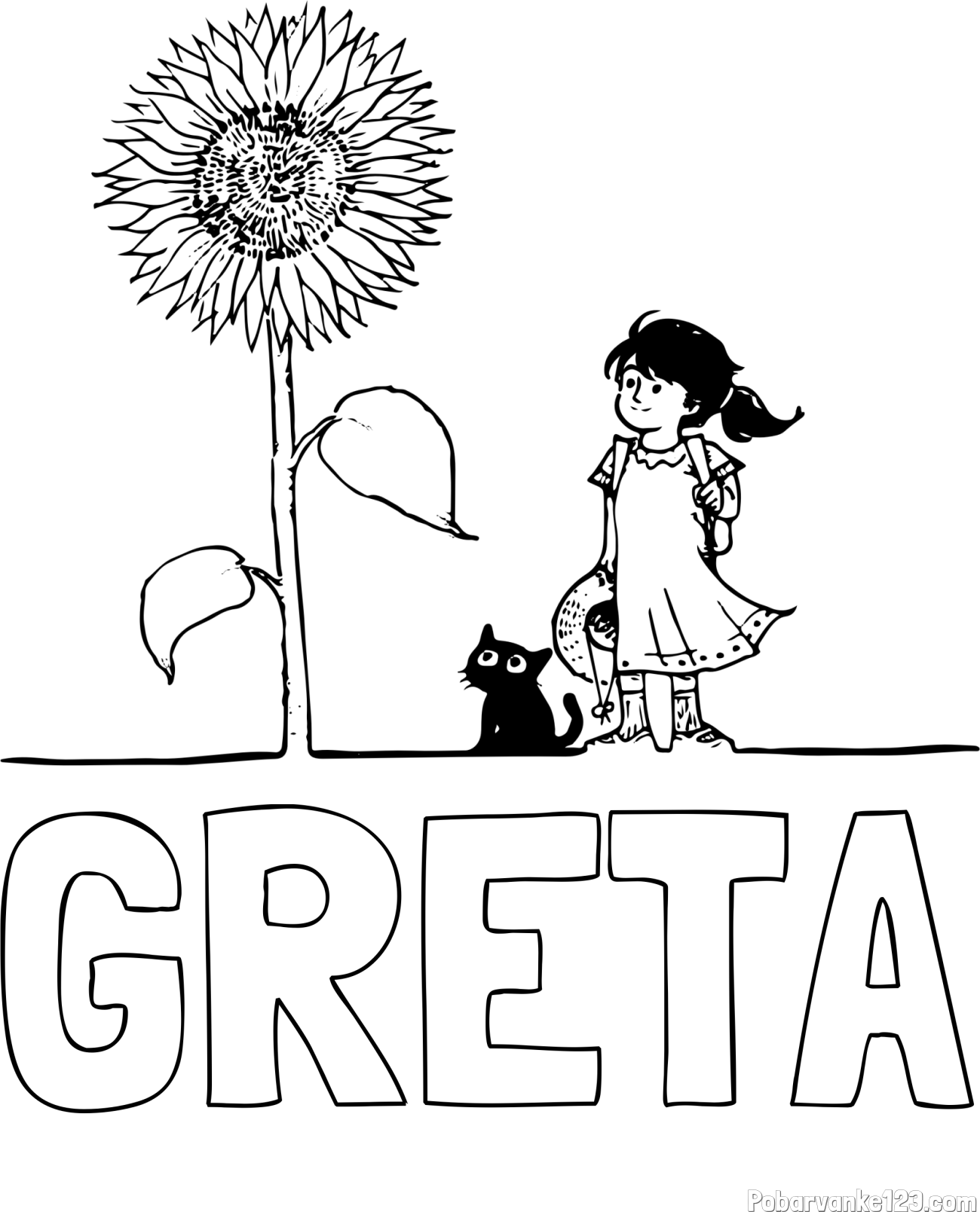 Pobarvanka imena GRETA in pobarvanka velike sončnice, deklice in ljubkega mačka