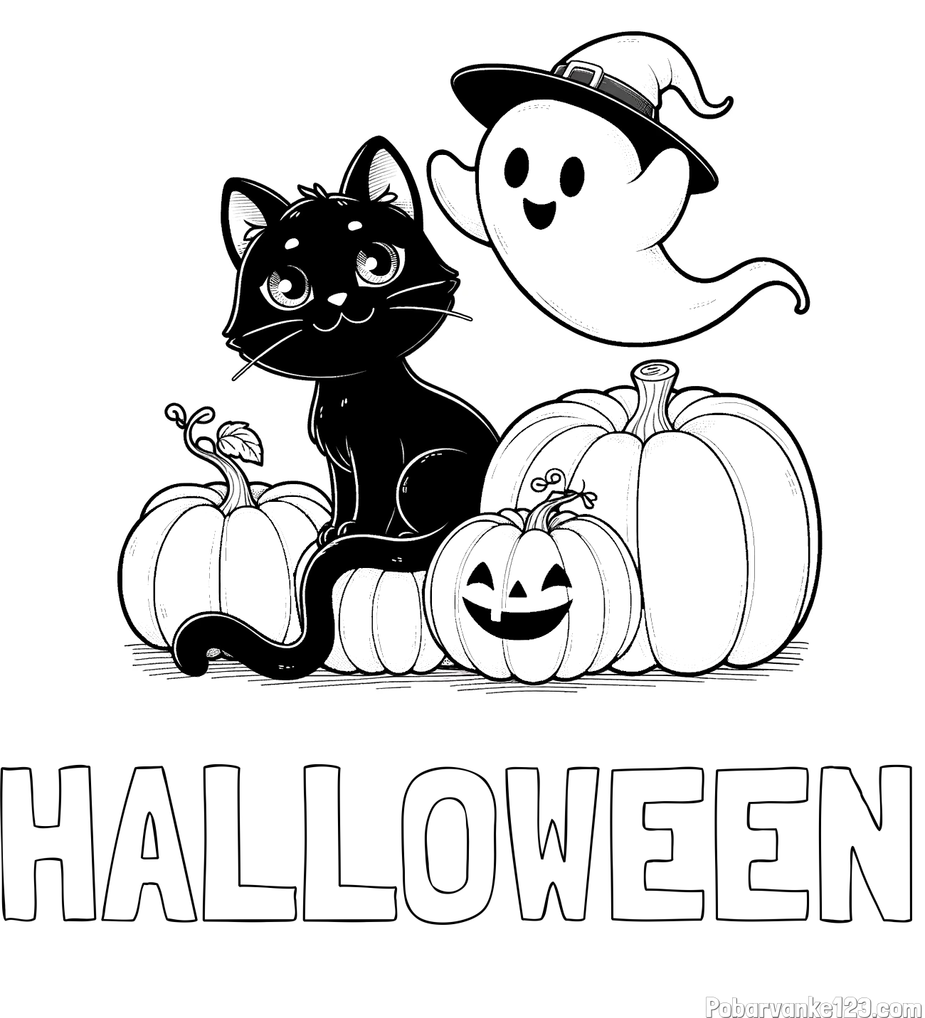 Pobarvanka imena HALLOWEEN in pobarvanka prijaznega duhca, črne mačke ter buč za noč čarovnic