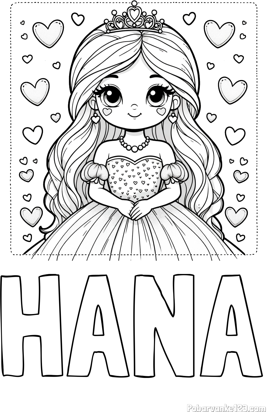 Pobarvanka imena HANA in pobarvanka ljubke princese obdane s srčki