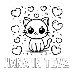 Online izdelana pobarvanka - Pobarvanka imena HANA IN TEVŽ in pobarvanka ljubke mucke obdane z veliko srčki