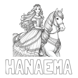 Pobarvanka imena HANAEMA in pobarvanka nasmejana princese na konju