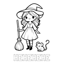 Online izdelana pobarvanka - Pobarvanka imena HEHEHEHE in pobarvanka čarovnice z metlo in miško