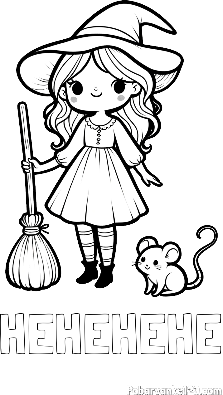 Pobarvanka imena HEHEHEHE in pobarvanka čarovnice z metlo in miško