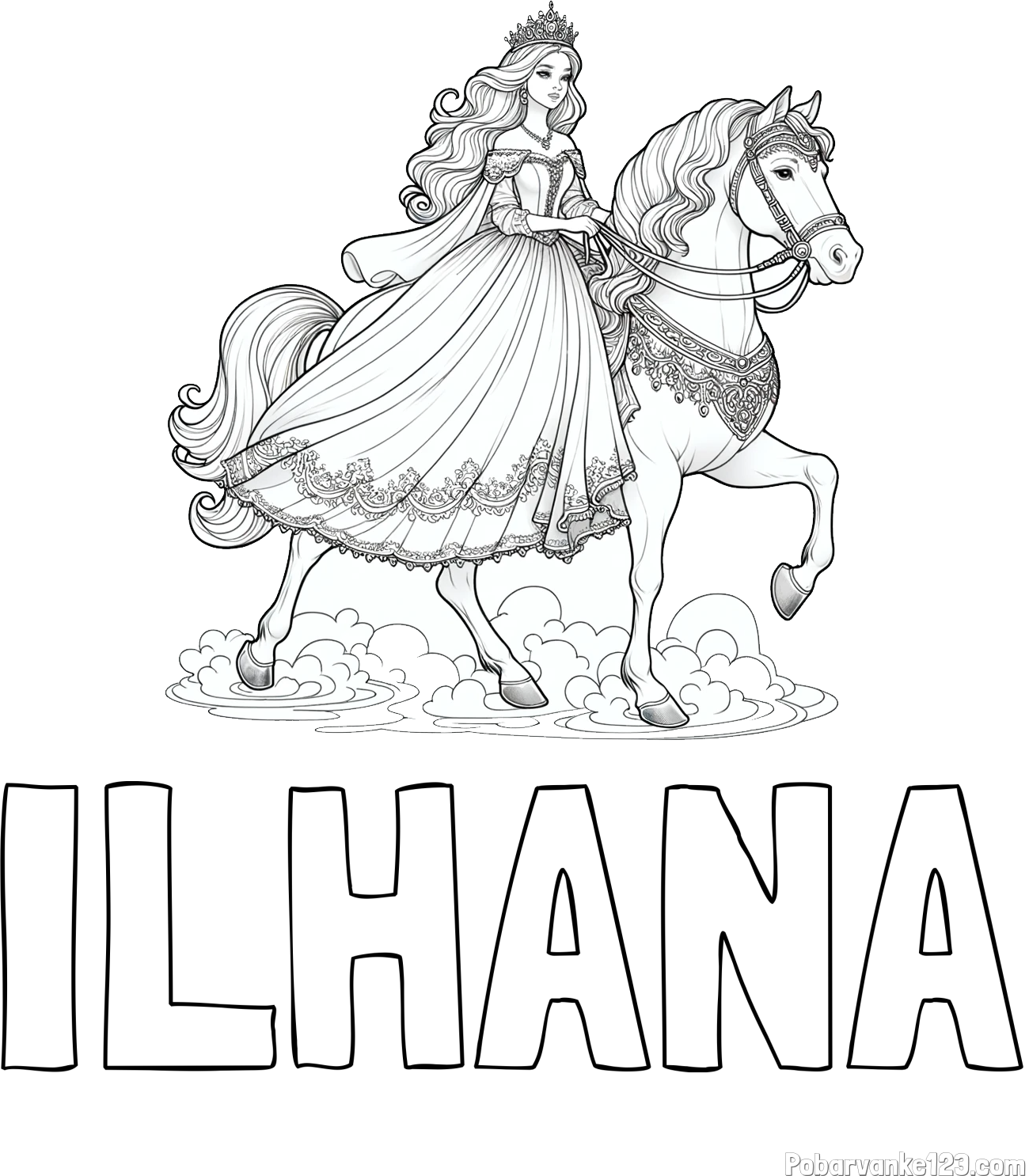 Pobarvanka imena ILHANA in pobarvanka princese na konju