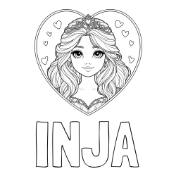 Online izdelana pobarvanka - Pobarvanka imena INJA in pobarvanka princeske ter srčkov