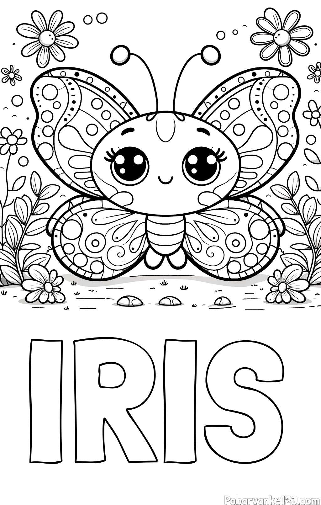 Pobarvanka imena IRIS in pobarvanka ljubkega metuljčka