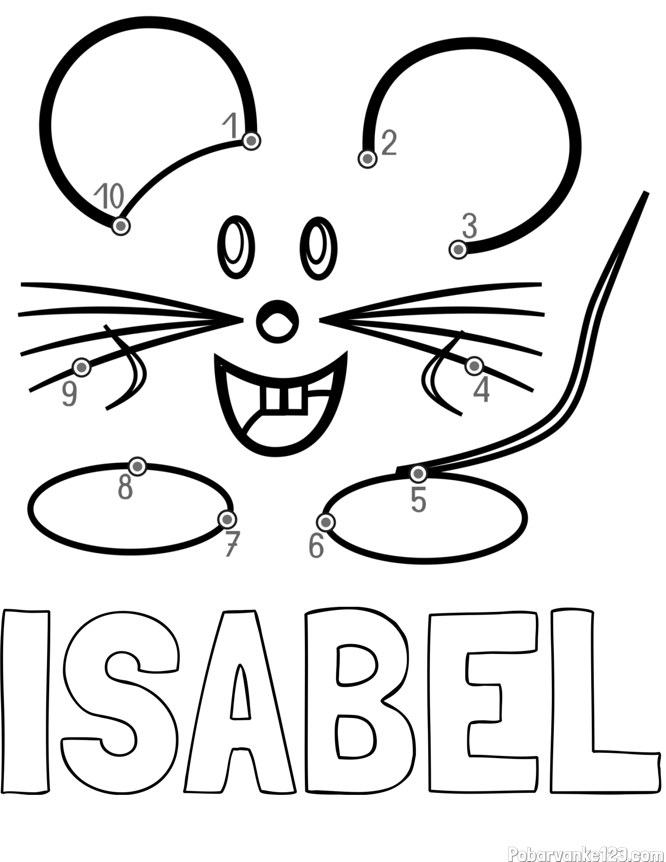 Pobarvanka imena ISABEL in pobarvanka poveži številke - ljubka miška