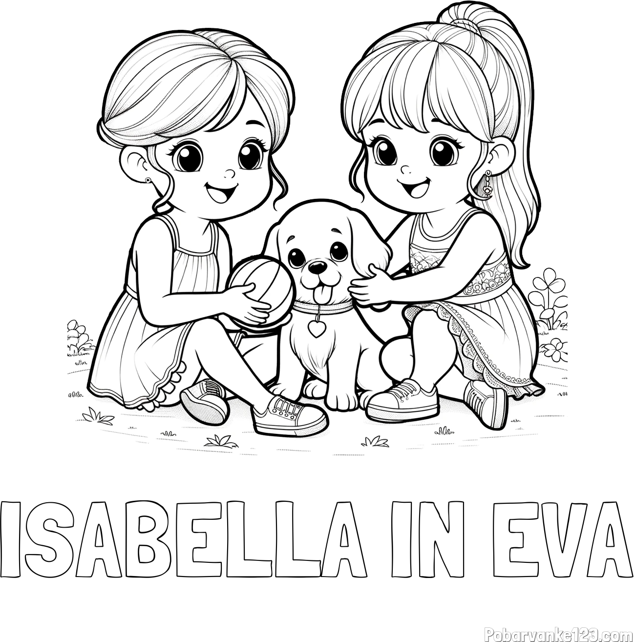 Pobarvanka imena ISABELLA IN EVA in pobarvanka prijateljic s kužkom