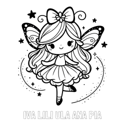 Online izdelana pobarvanka - Pobarvanka imena IVA LILI ULA ANA PIA in ljubka čarobna vila