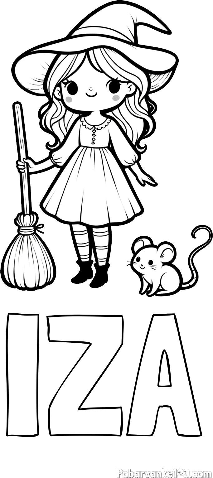 Pobarvanka imena IZA in pobarvanka čarovnice z metlo in miško