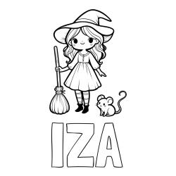 Online izdelana pobarvanka - Pobarvanka imena IZA in pobarvanka čarovnice z metlo in miško