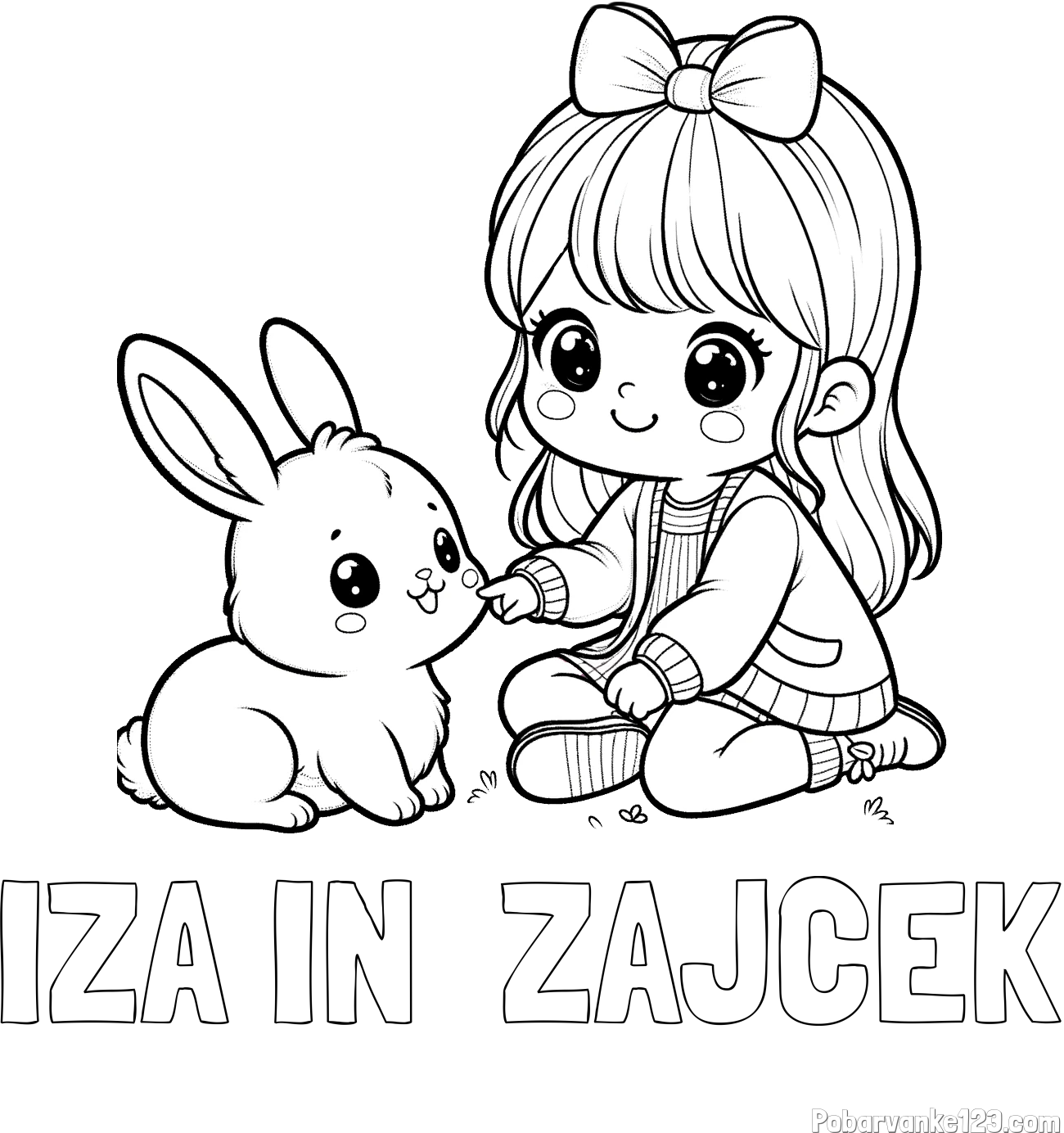 Pobarvanka imena IZA IN  ZAJČEK in pobarvanka ljubke punčke, ki se igra z zajčkom